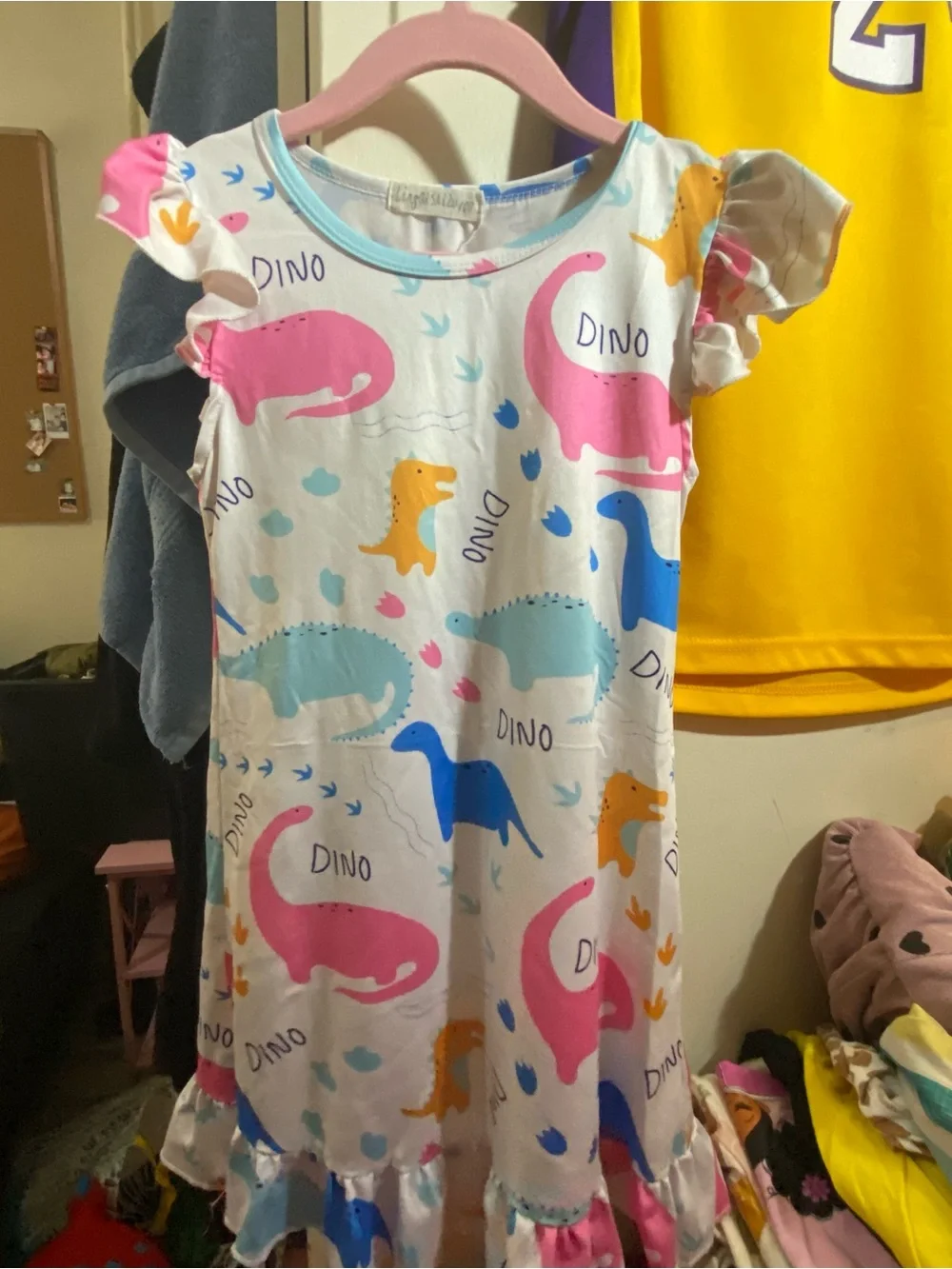 Girls' Dino Print Nightgown - White with Pink, Blue & Yellow